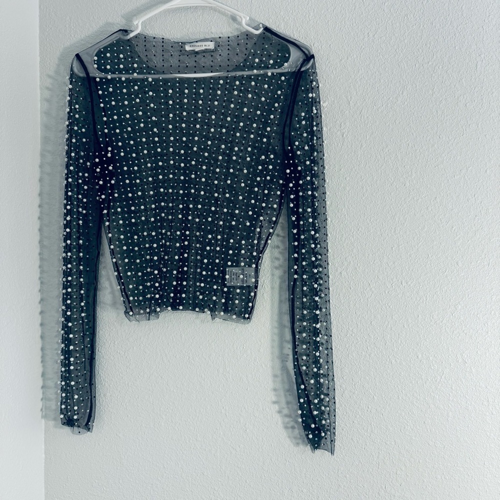 Pearl & Rhinestone Embellished Black Long Sleeve Sheer Crop Top Size Sma…